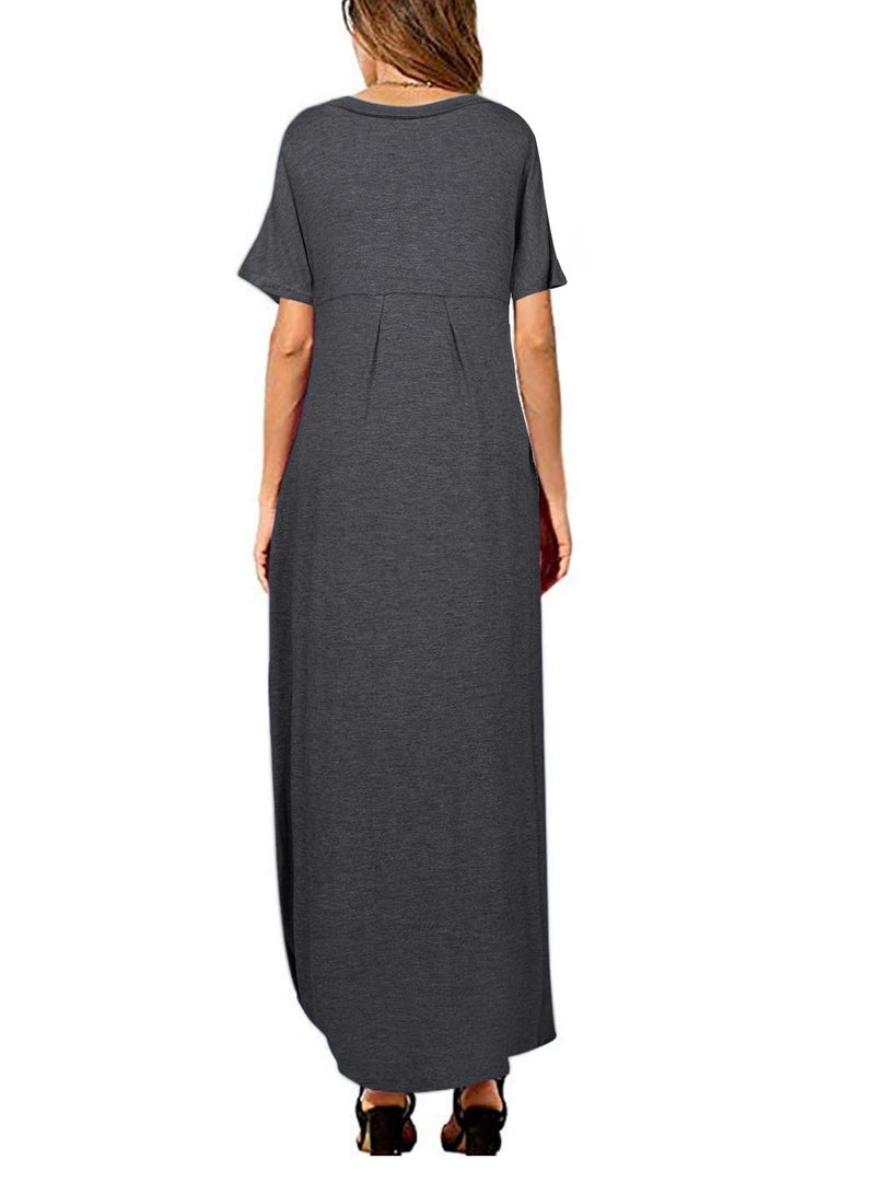Arolina Women Summer Maxi Dress Short Sleeve V Neck Casual Loose Long Split Dresses Beach Vacation Sundress with Pockets Dark Grey - Image 2